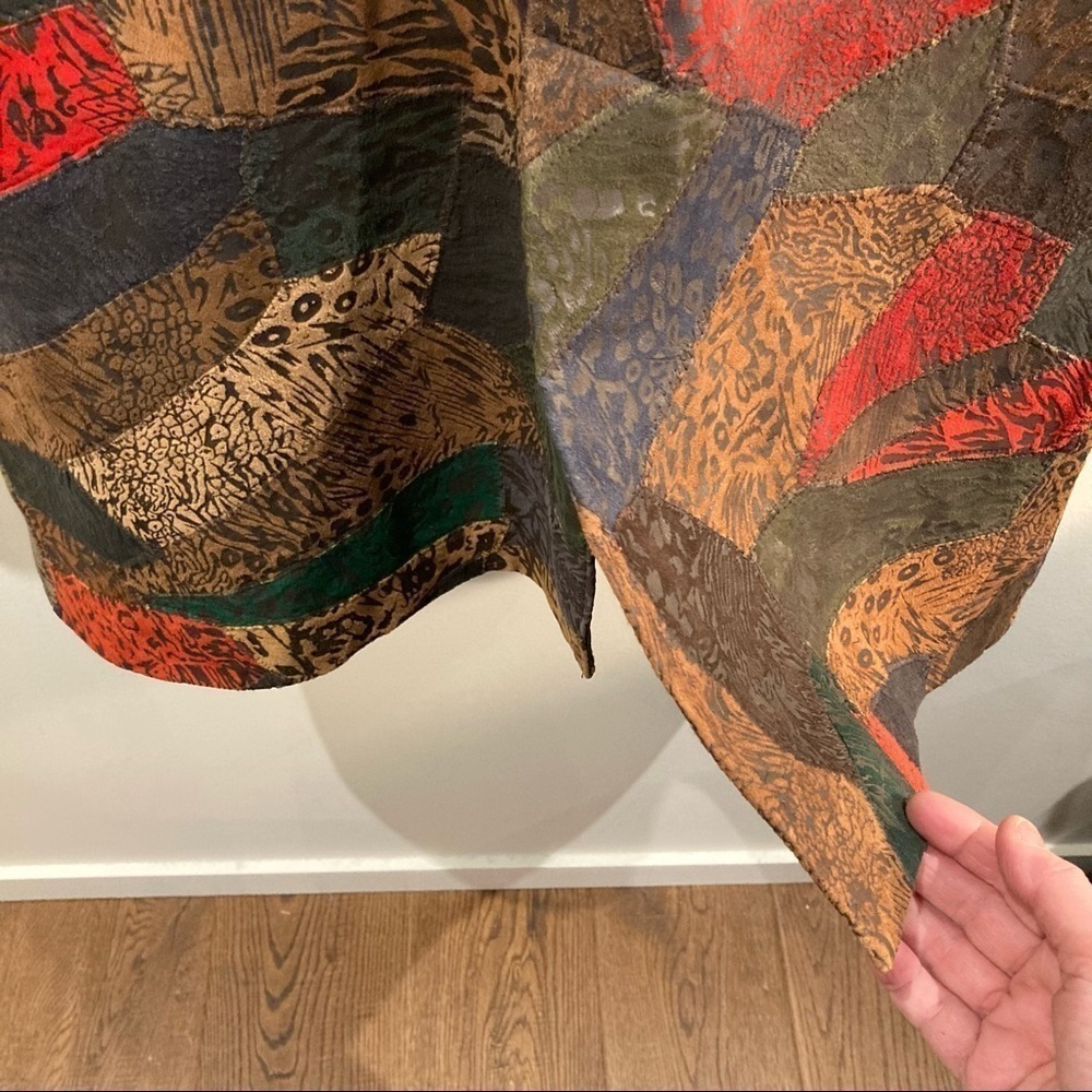 KROSHETTA Sz M Leather Patchwork Knee Length Colourful Lined Coat with Pockets - Picture 6 of 11
